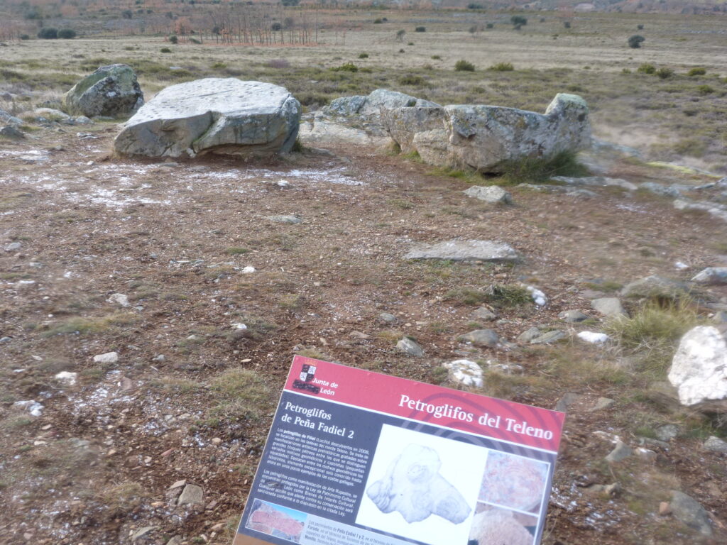 Carteles que señalizan los petroglifos (rocas del fondo).